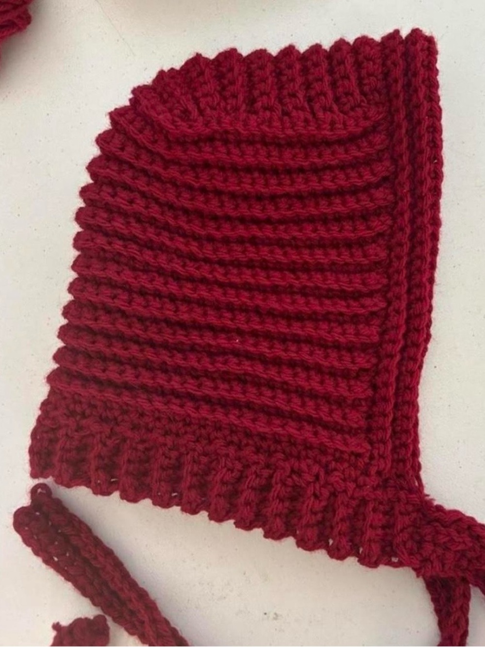 Handmade Red Knit Bonnet - attached scarf Brand new